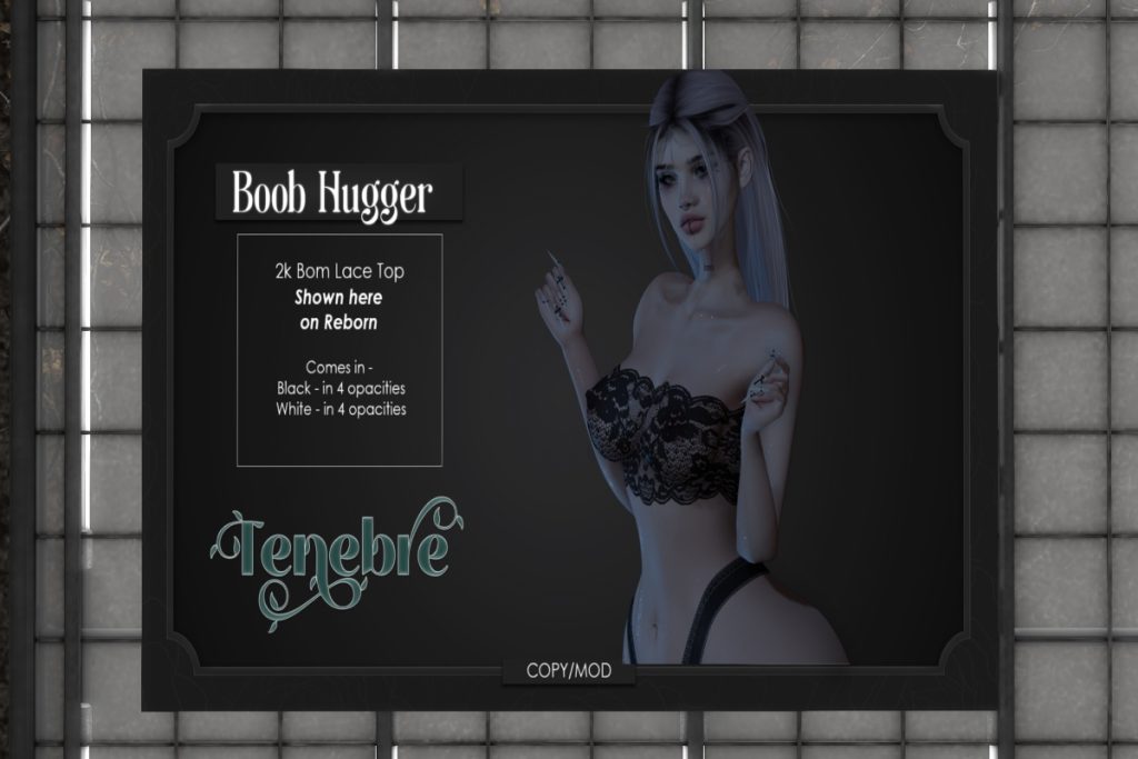 Boob Hugger Top - BOM	<a href="https://maps.secondlife.com/secondlife/Nocturnal%20Collective/119/119/29" target="_blank">Teleport</a>