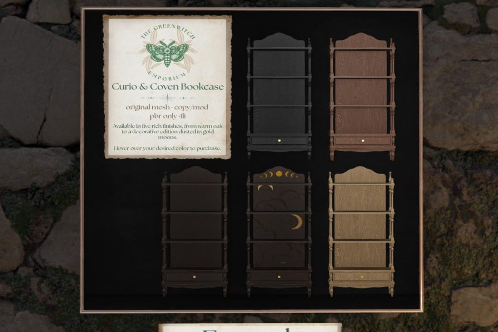 Curio &amp; Coven Bookcase, L$219 each/L$699 FP