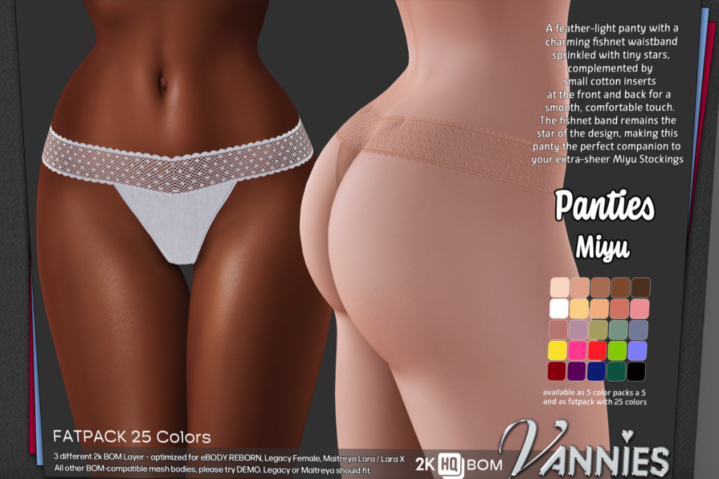 Miyu Panties - BOM/Legacy/Maitreya/Reborn/+mods, L$199 each/L$599 FP